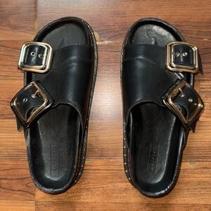 Topshop Black Leather Double-Buckle Slide Sandals with Gold Buckles